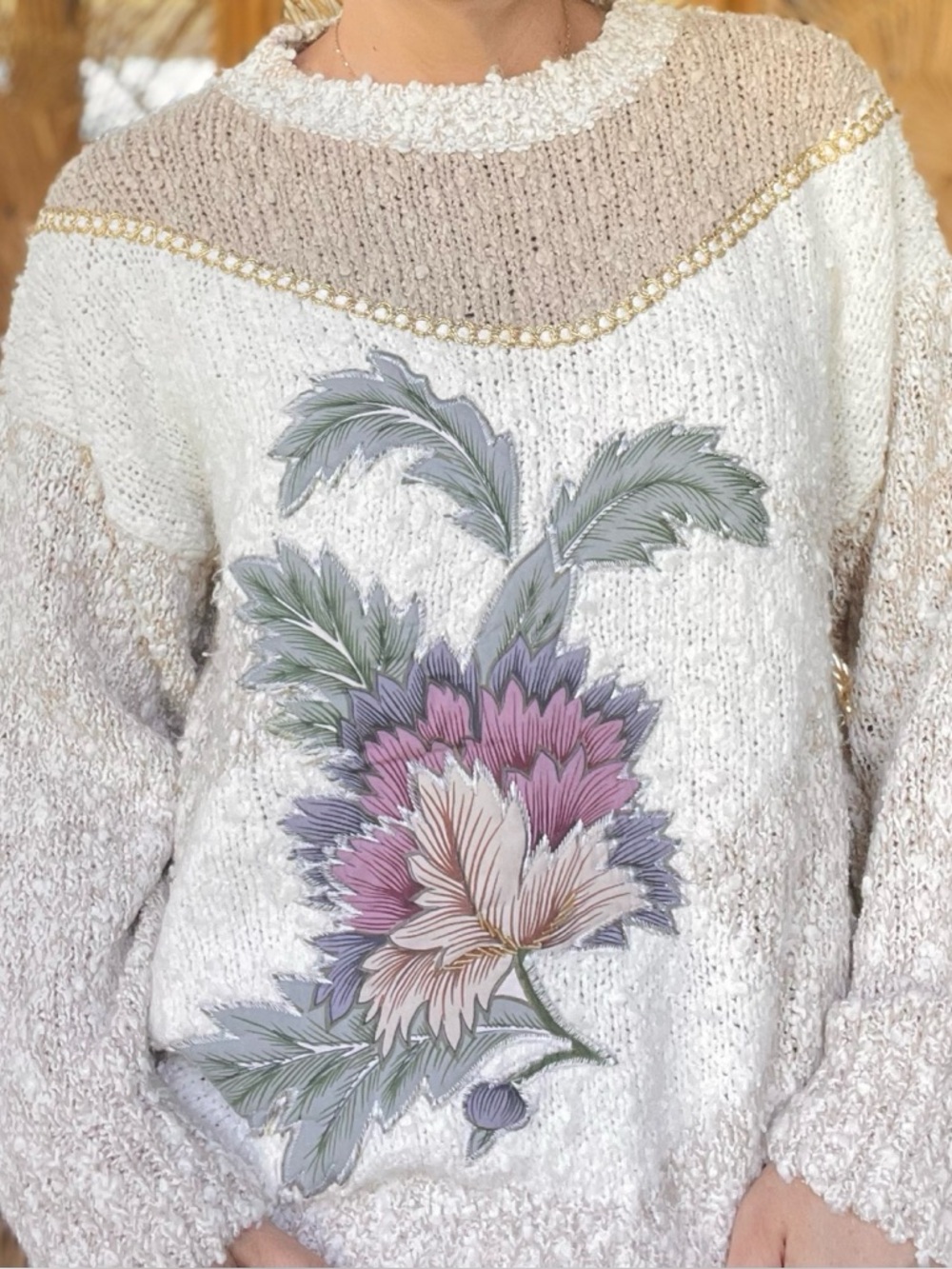 Vintage Needles & Yarn Tan Cream Boucle Knit Sweater wEmbroidered Floral Flowers